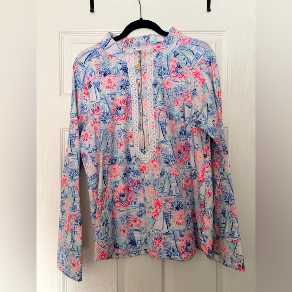 Lilly Pulitzer Janie Embroidered Popover zip SEA TO SHINING sailboats pullover